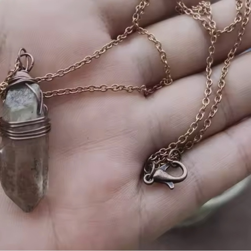 Smoky quartz gemstone wired wrapped pendant necklace
